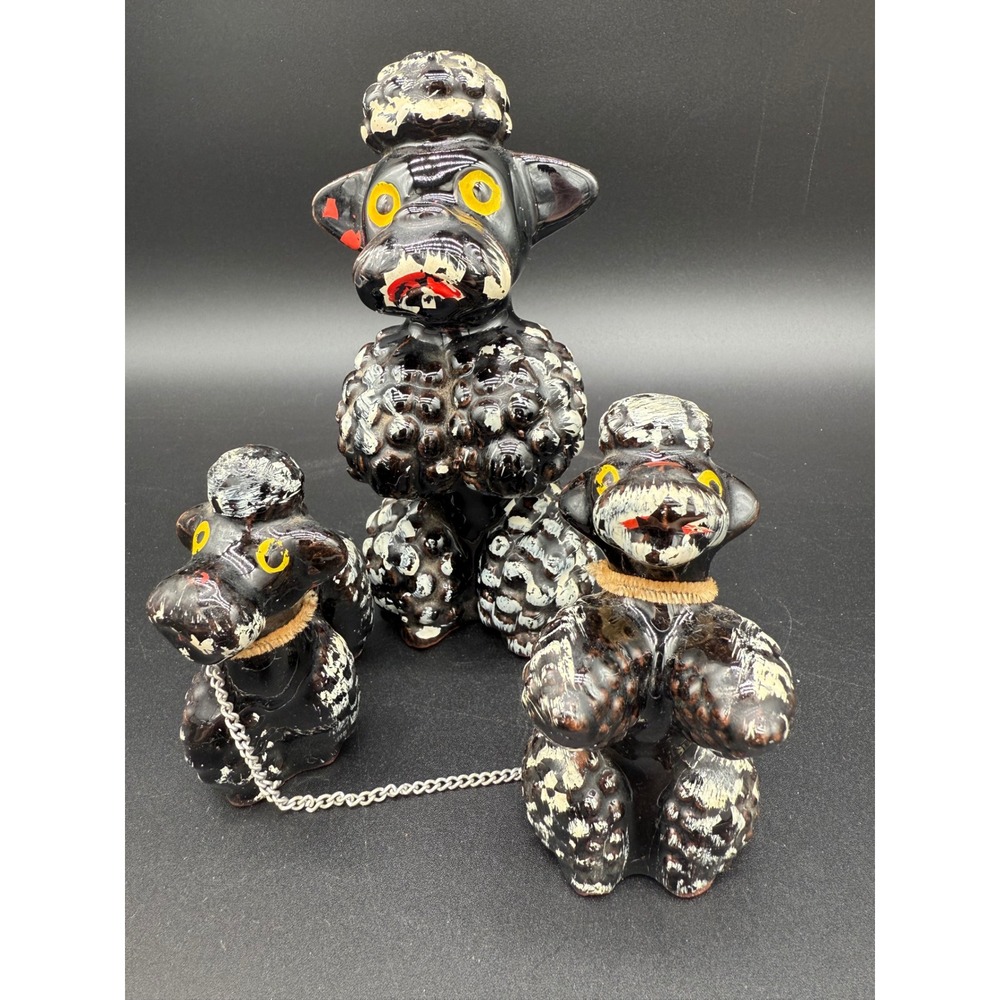 Vintage 1950s Japan Black Poodle Family Figurine Set‎ Chained Dogs MCM Kitsch